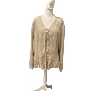 FLAX Beige Cream Button Up Top 100 Percent Linen Women's Size Large Lagenlook.